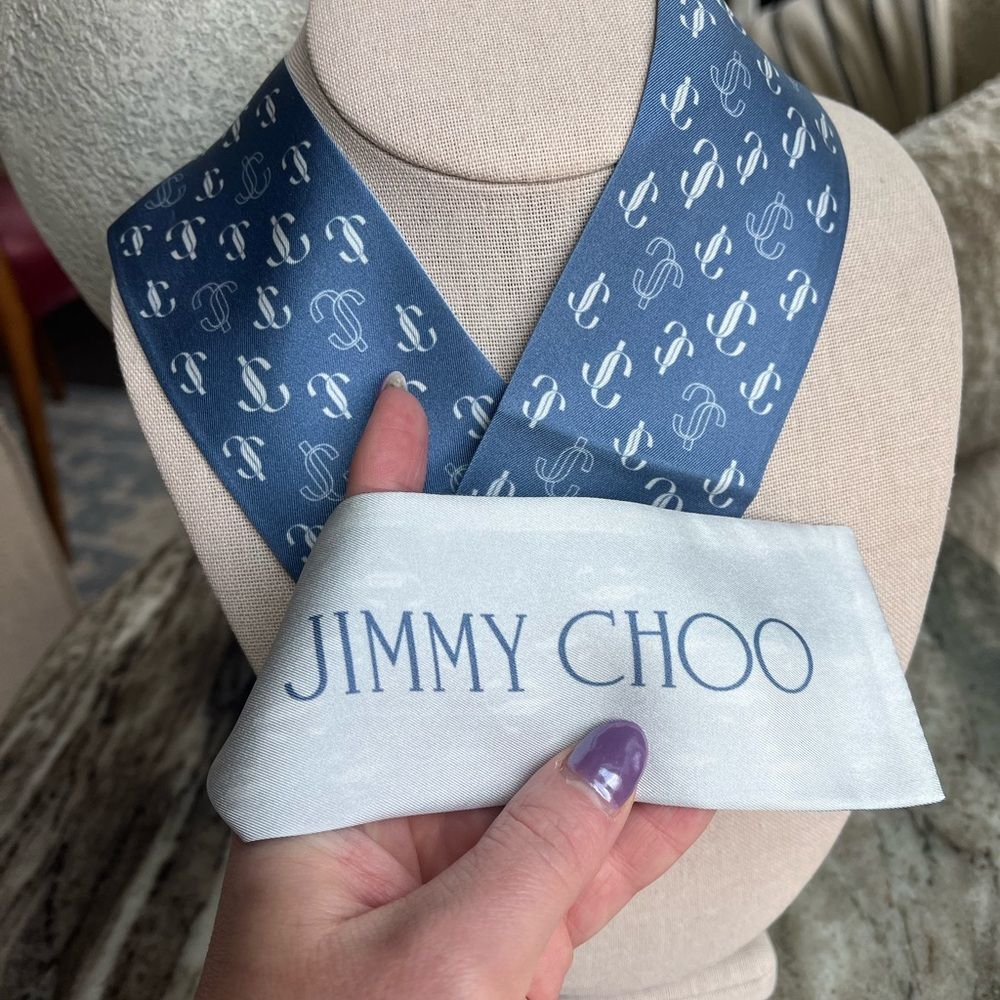 Jimmy Choo Blue & White Logo Twilly Scarf - Picture 4 of 6